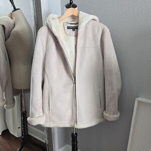 Suede Coat With Hood fur Lining Women's Jacket - Cream
